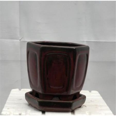 Marco Frio 5.5 x 5.5 x 5.5 in. Parisian Red Ceramic Bonsai Pot with Humidity Drip Tray, Hexagon MA2201944